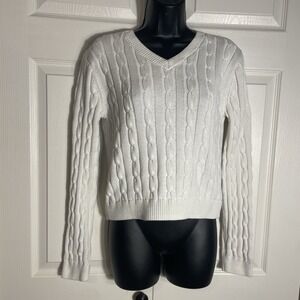 GAP Cable Knit Sweater Women M White 100% Cotton Long Sleeve V Neck Pullover Top